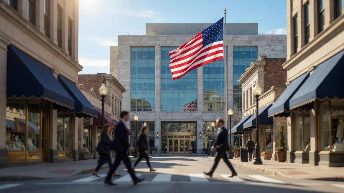 A downtown main street in morning light in front of a government building.