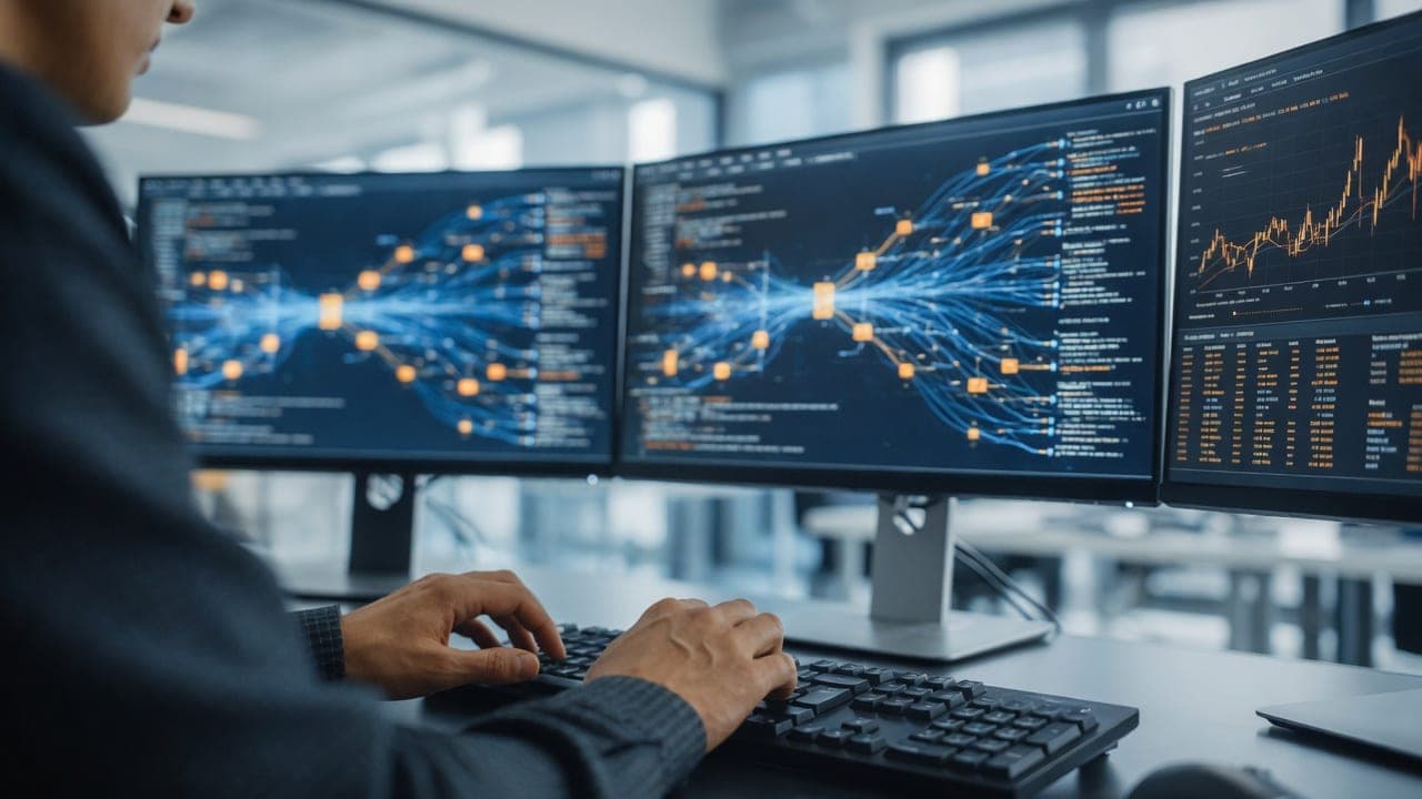 A person at a keyboard facing three monitors that display branching network diagrams and financial data tables in a bright modern office.