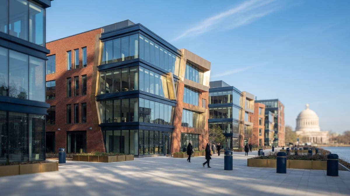Modern office buildings along a sunlit waterfront innovation district.